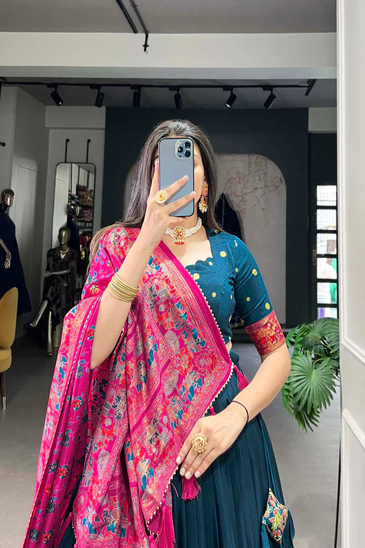 Tussar Silk Lehenga Set with Elegant Foil Print and Gotta Patti Lace Dupatta