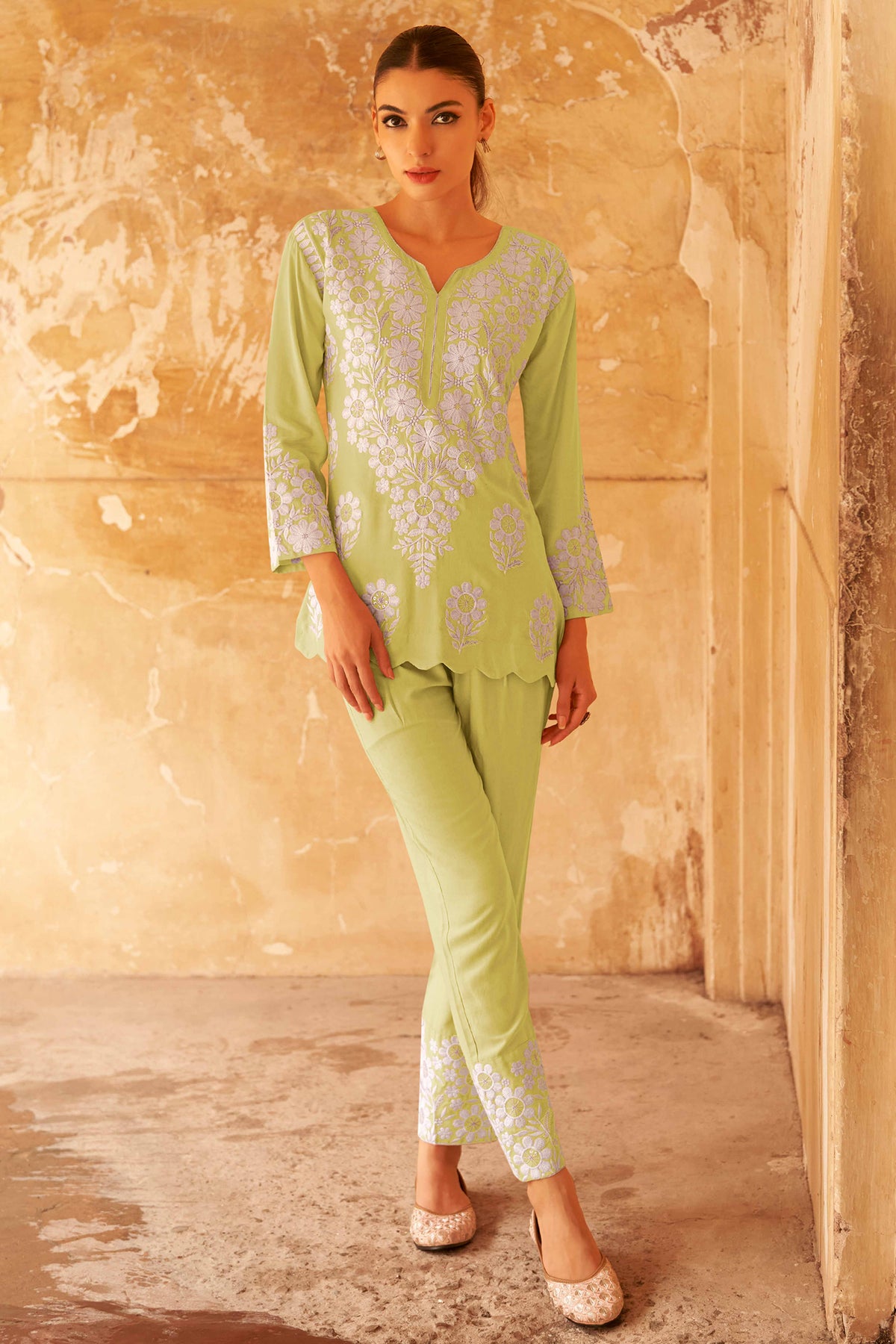 Lime Green Floral Embroidered Rayon Co-Ord Set – Comfortable & Stylish Everyday Wear