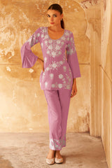 Pink Floral Embroidered Rayon Co-Ord Set – Elegant & Comfortable Everyday Wear