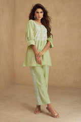 Light Green Floral Embroidered Rayon Co-Ord Set – Chic & Comfortable Everyday Wear