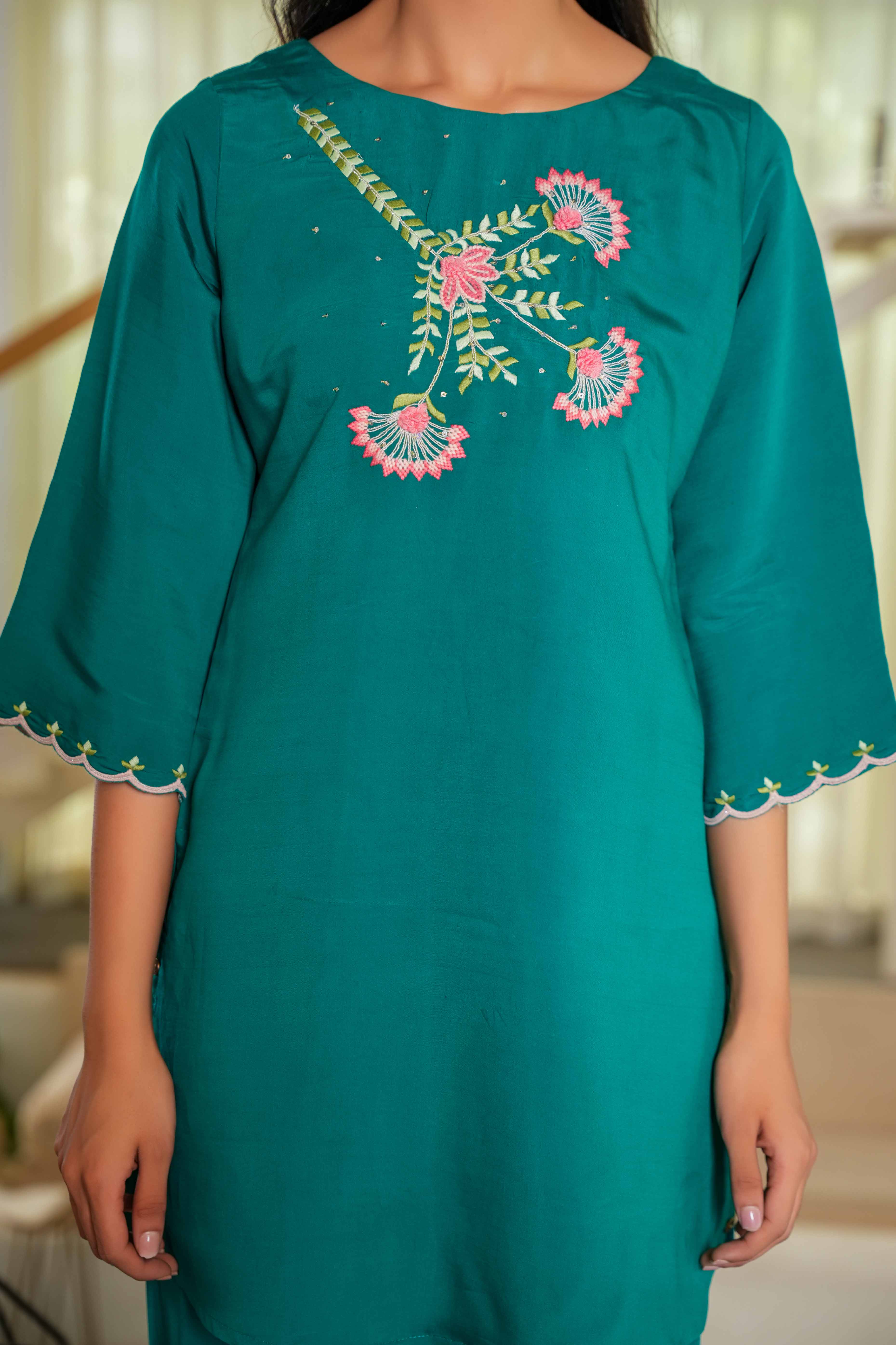 Elegant Dark Sea Green Floral Embroidered Co-Ord Set in Chinon Fabric