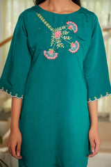Elegant Dark Sea Green Floral Embroidered Co-Ord Set in Chinon Fabric