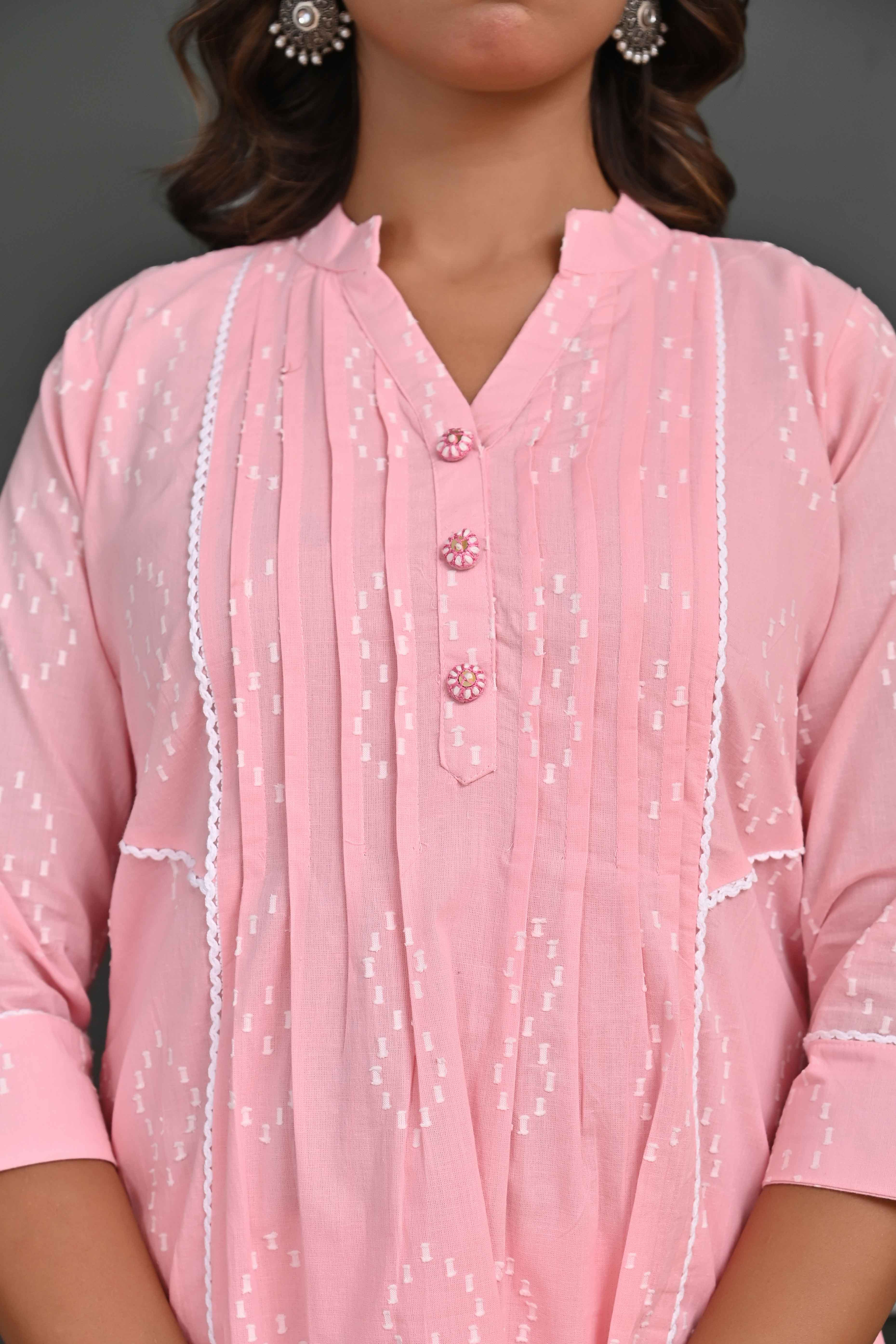 Light Pink Embroidered Cotton Co-Ord Set with Sequin Accents – Elegant & Comfortable