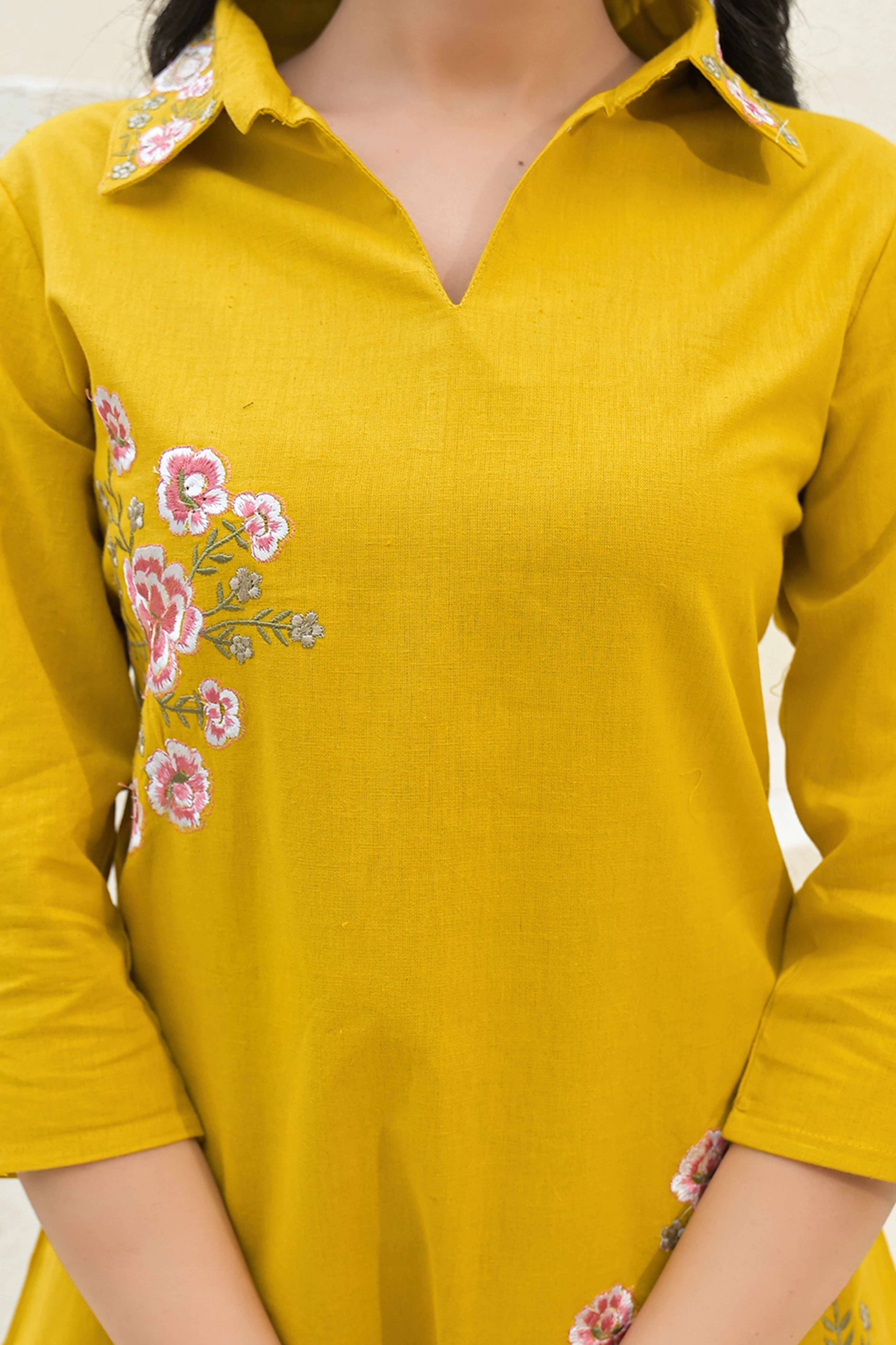 Mustard Floral Embroidered Cotton Top – Breathable & Elegant Everyday Wear