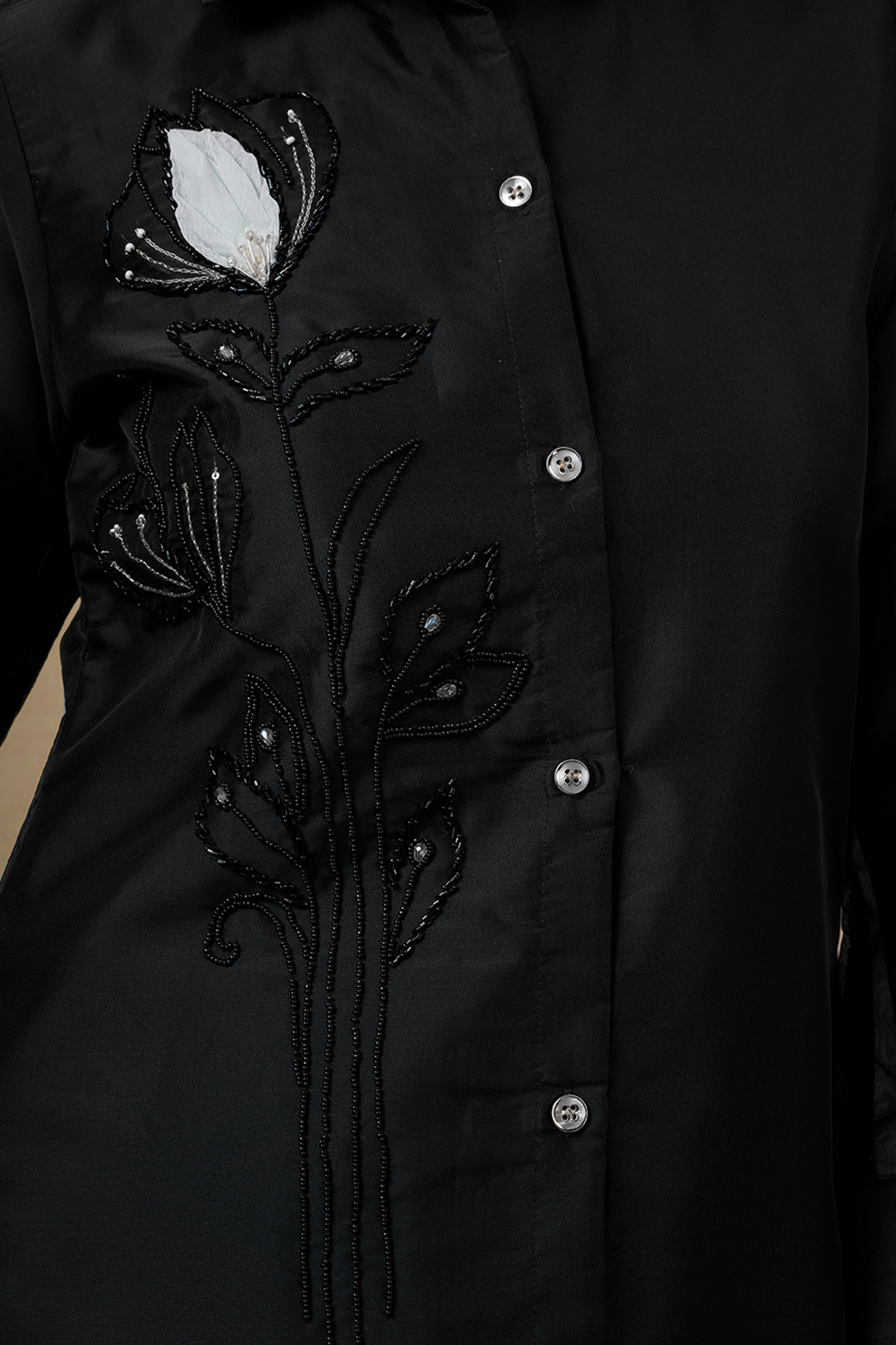 Black Organza Co-Ord Set with Floral Pattern & Stone Handwork – Elegant Party Wear