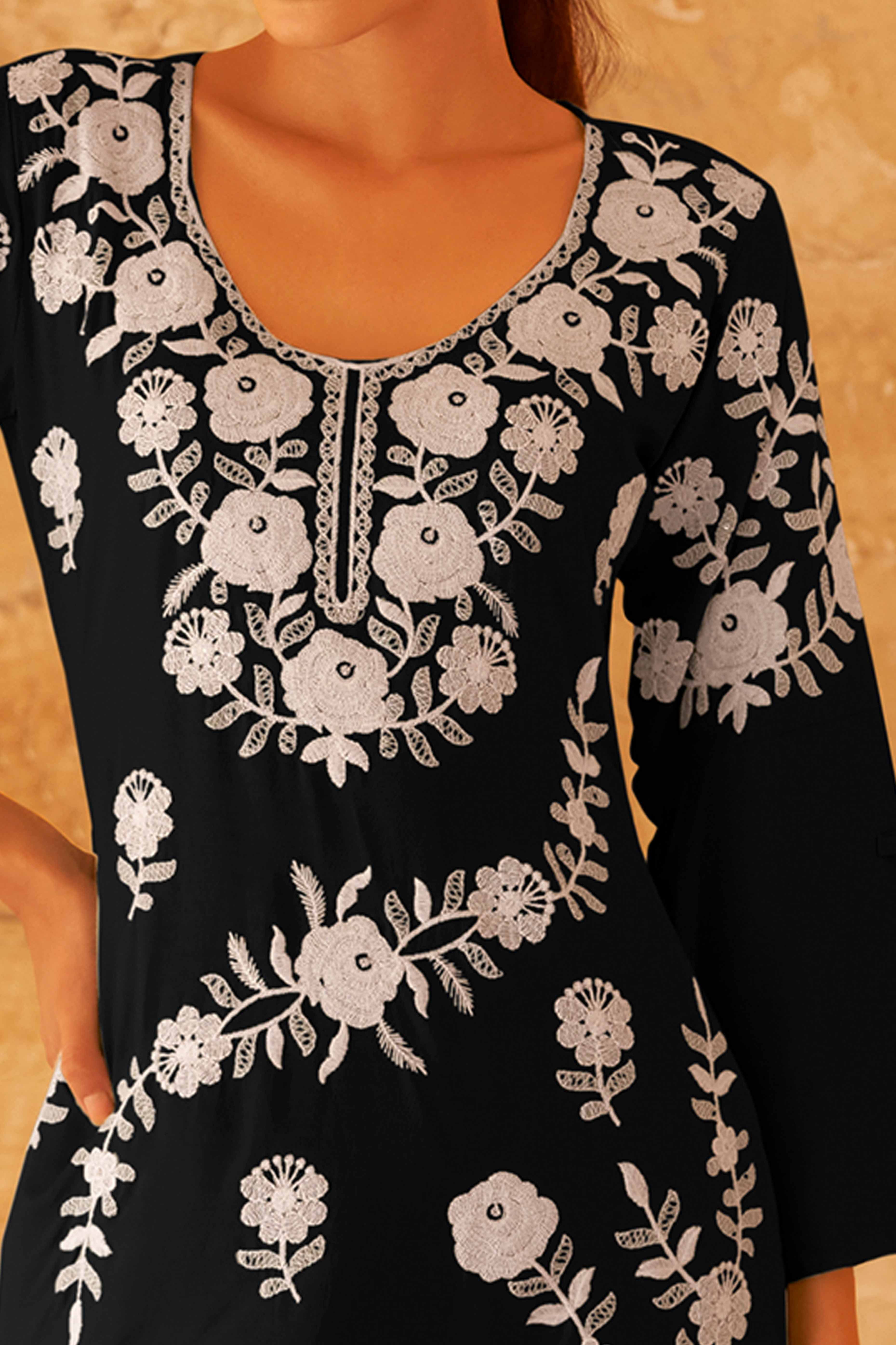 Black Floral Embroidered Rayon Co-Ord Set – Chic & Comfortable Everyday Wear