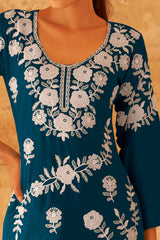 Teal Floral Embroidered Rayon Co-Ord Set – Top & Bottom