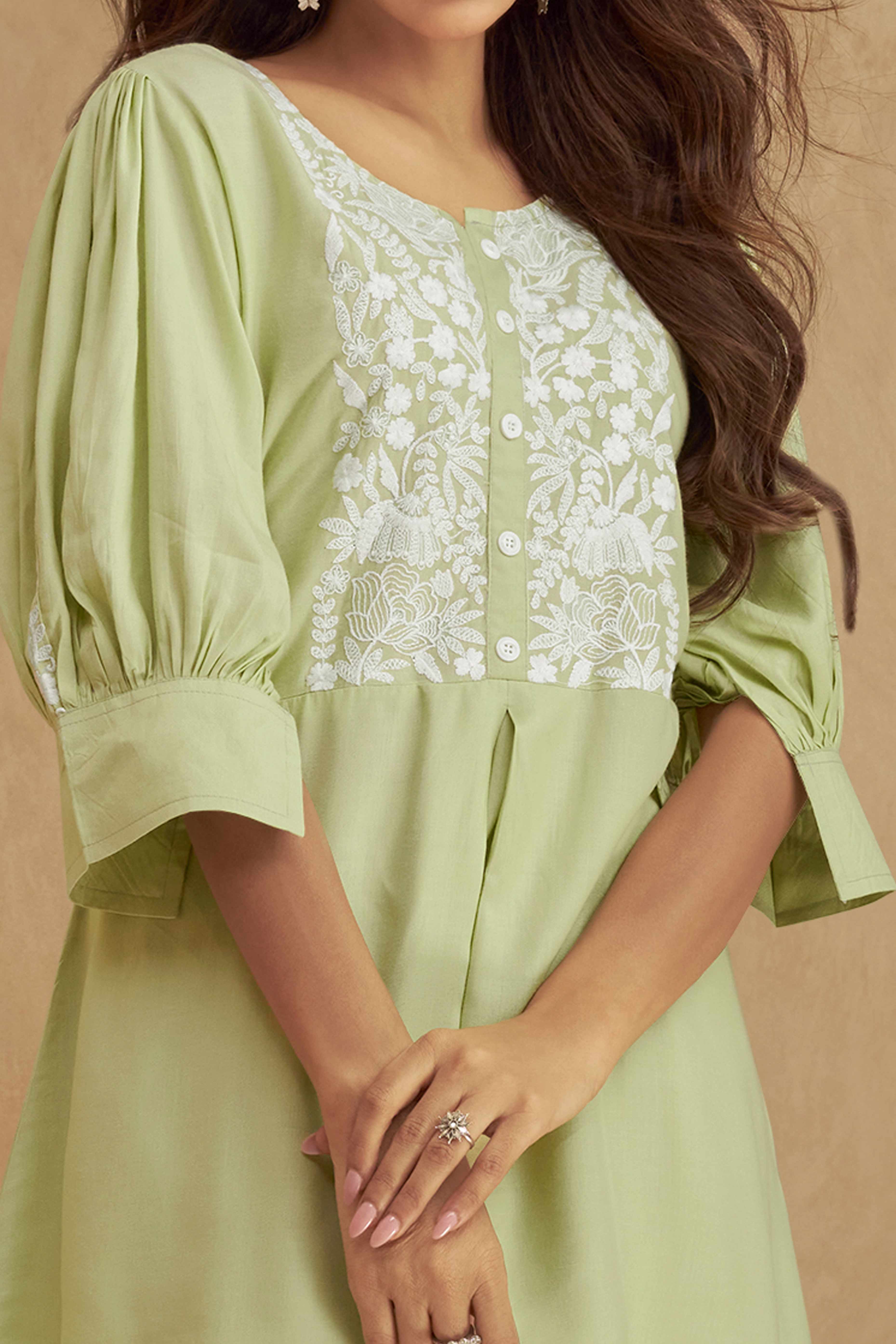 Light Green Floral Embroidered Rayon Co-Ord Set – Chic & Comfortable Everyday Wear