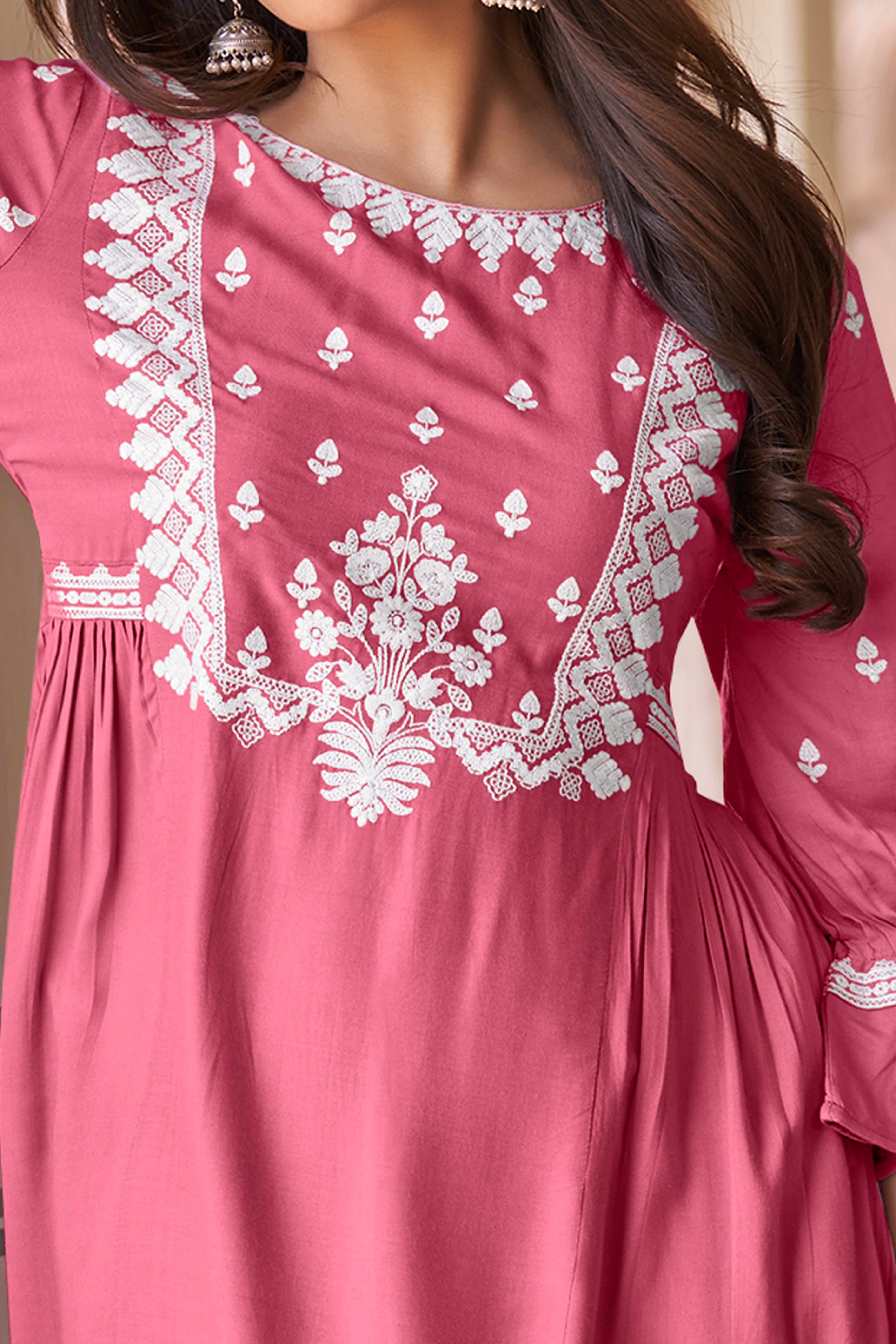 Gajri Pink Rayon Co-Ord Set with Floral Embroidery – Elegant & Comfortable Daily Wear
