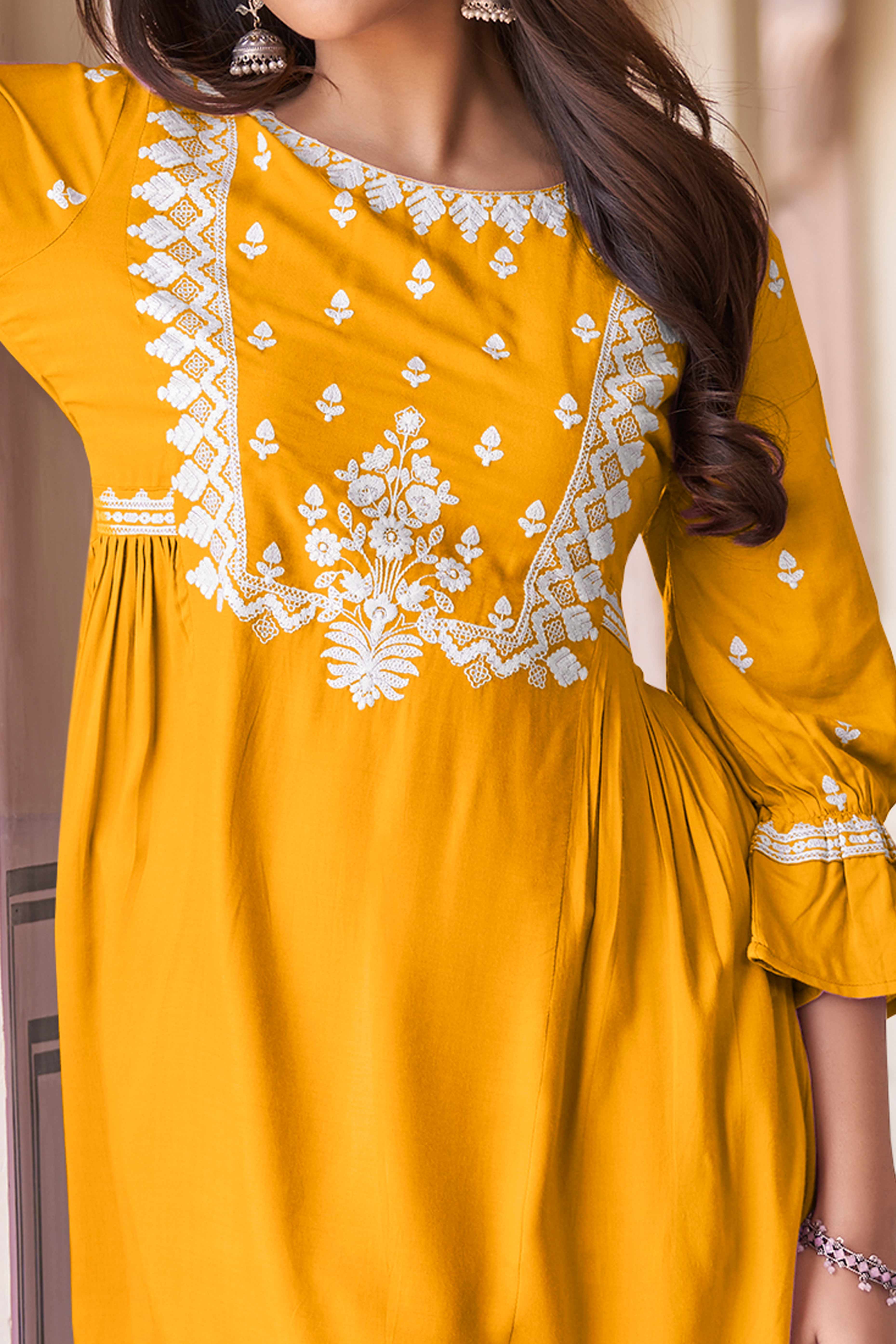 Mustard Rayon Co-Ord Set with Floral Embroidery – Elegant Everyday Wear