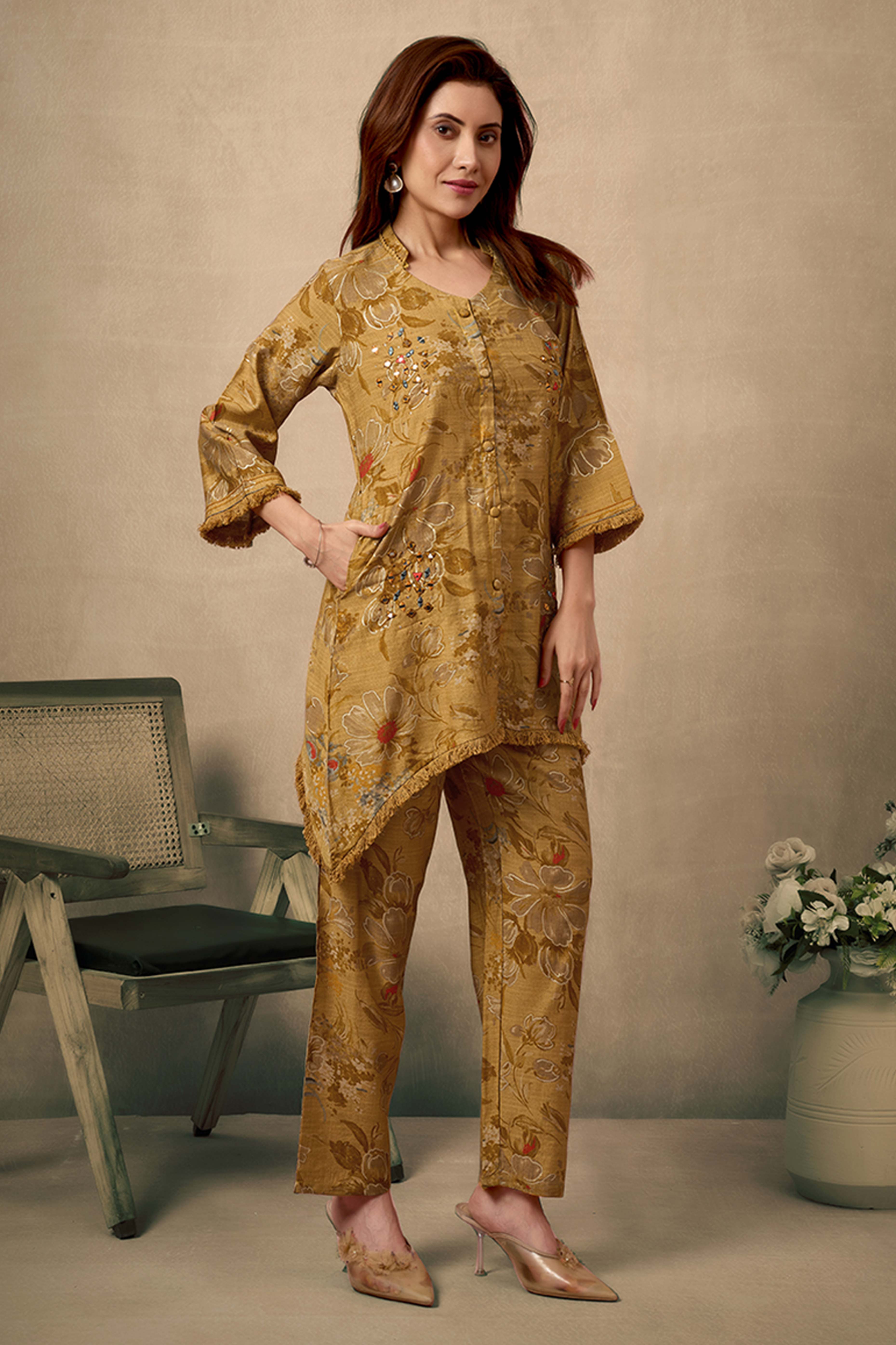 Mustard Floral Print Cotton Co-Ord Set with Mirror Work Detailing