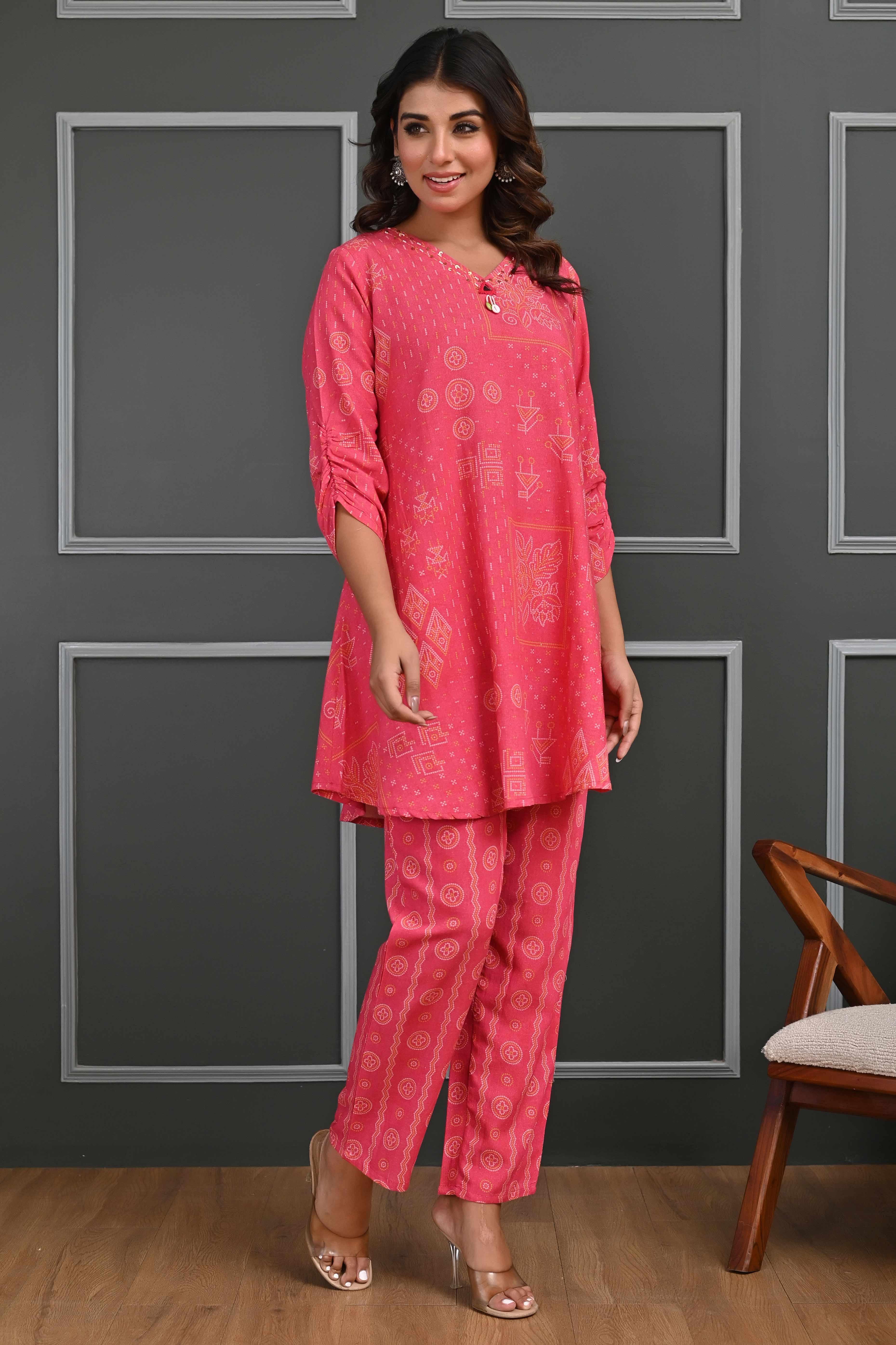 Rani Pink Bandhani Print Co-Ord Set with Sequined Neck – Lightweight & Stylish Festive Wear