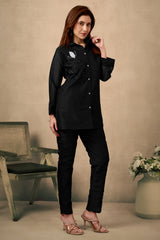 Black Organza Co-Ord Set with Floral Pattern & Stone Handwork – Elegant Party Wear