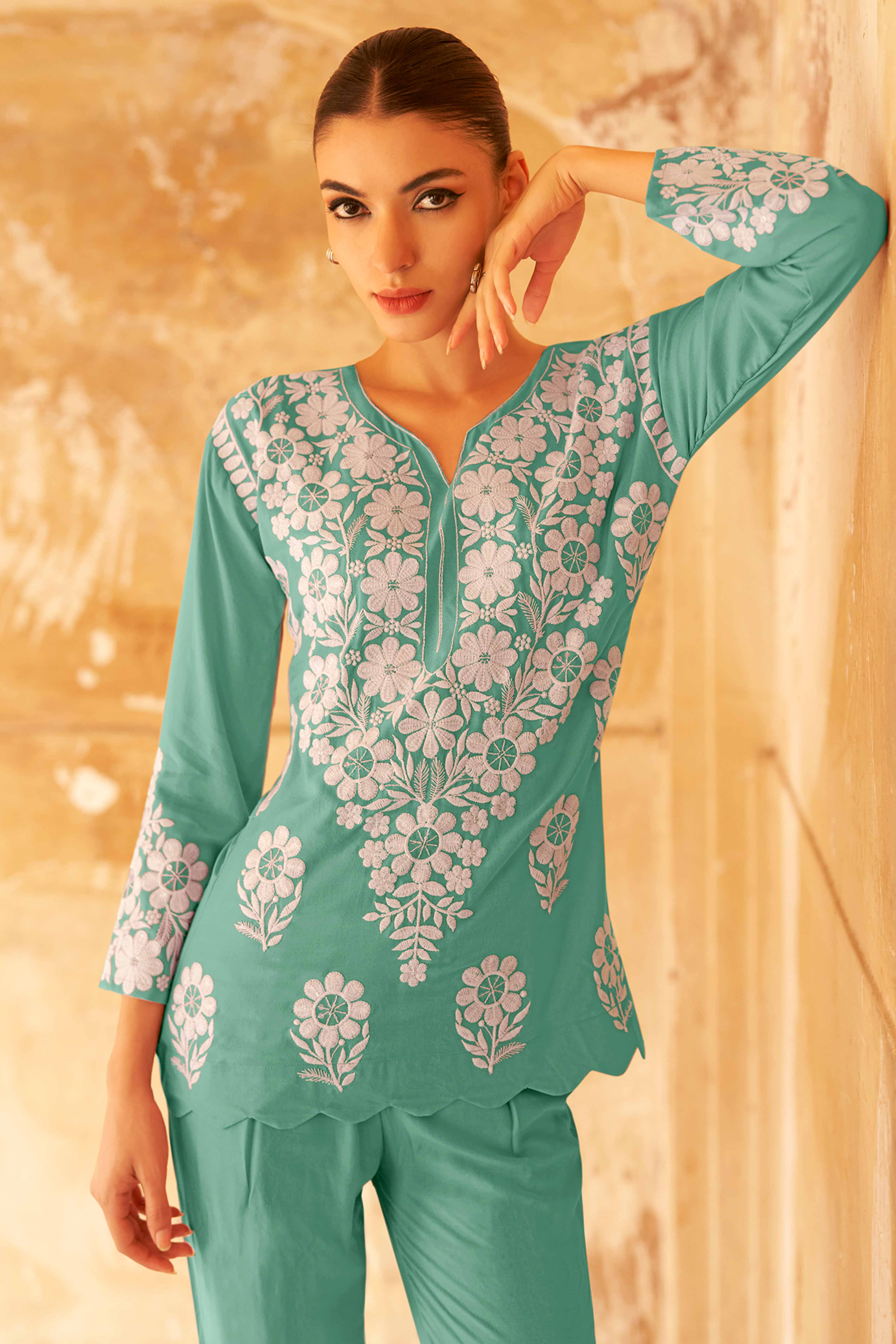 Rama Green Rayon Co-Ord Set with Floral Embroidery – Comfortable & Stylish Everyday Wear