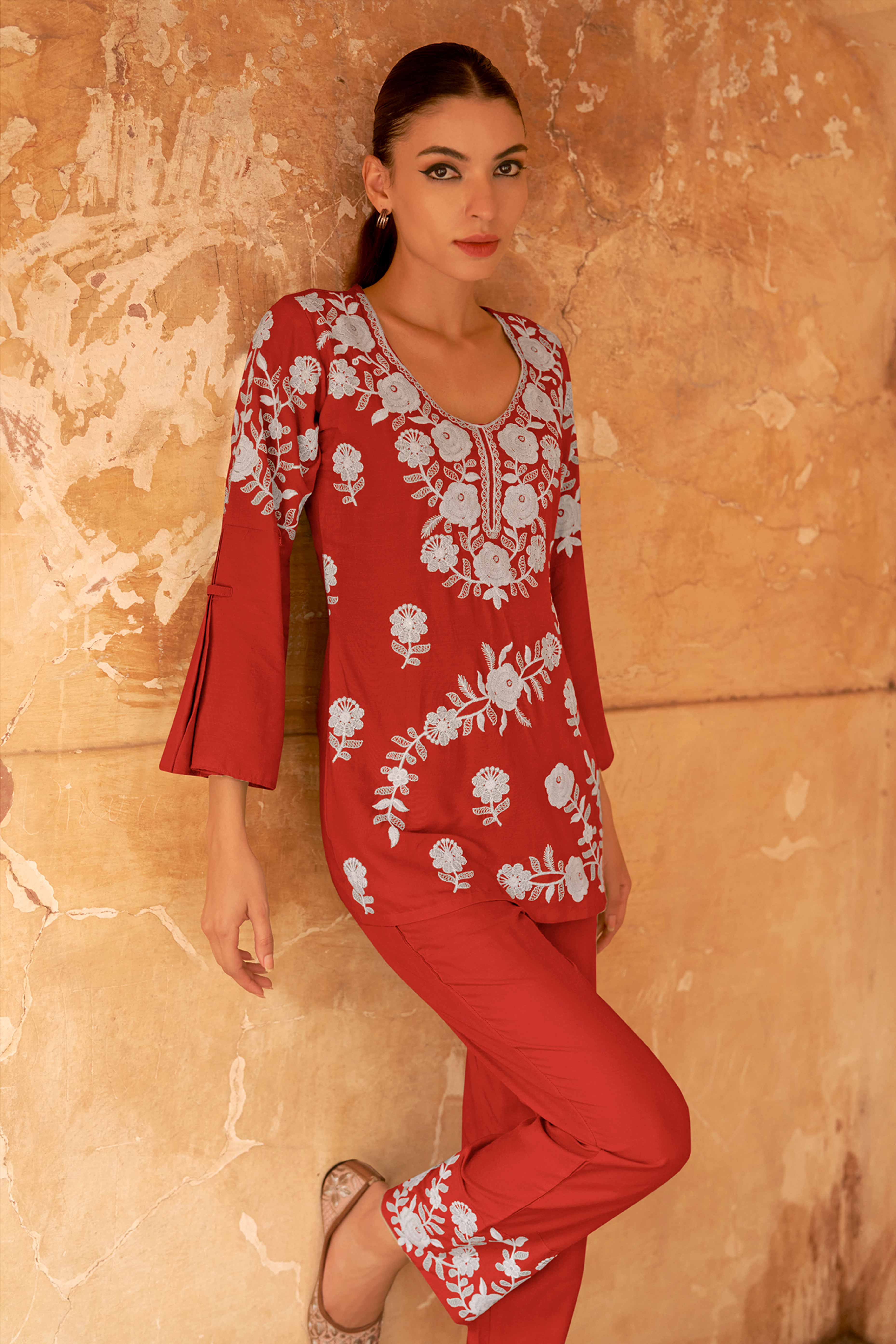 Red Floral Embroidered Rayon Co-Ord Set – Top & Bottom