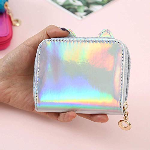 Holographic Mini Wallet for Women & Girls | Kawaii Short PU Leather Clutch Purse with Card Slots (Silver)