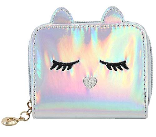 Holographic Mini Wallet for Women & Girls | Kawaii Short PU Leather Clutch Purse with Card Slots (Silver)