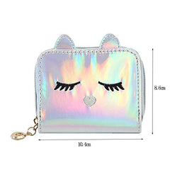Holographic Mini Wallet for Women & Girls | Kawaii Short PU Leather Clutch Purse with Card Slots (Silver)
