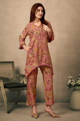 Dark Mauve Cotton Co-Ord Set with Mirror Work & Floral Prints – Elegant & Comfortable