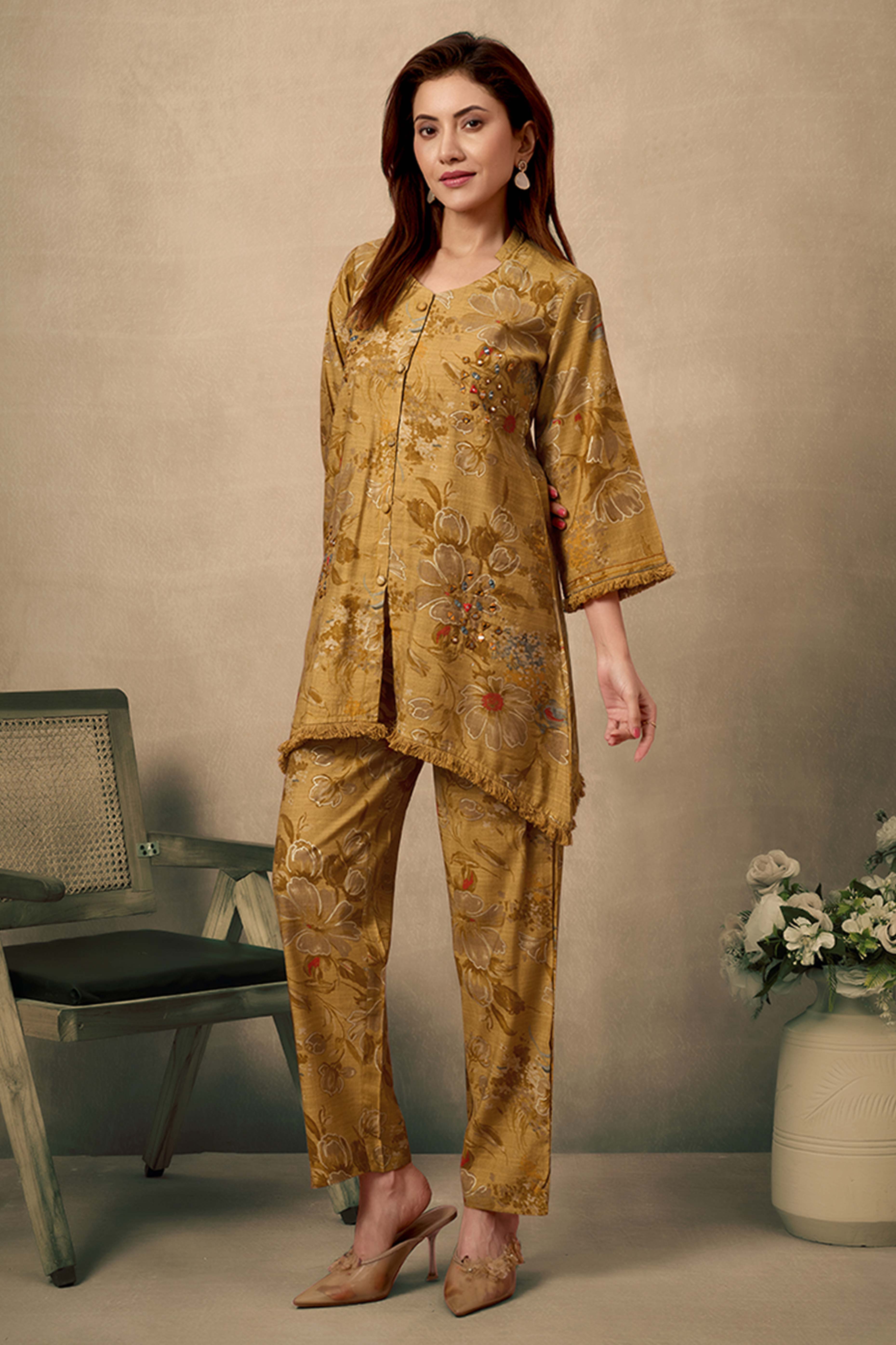 Mustard Floral Print Cotton Co-Ord Set with Mirror Work Detailing