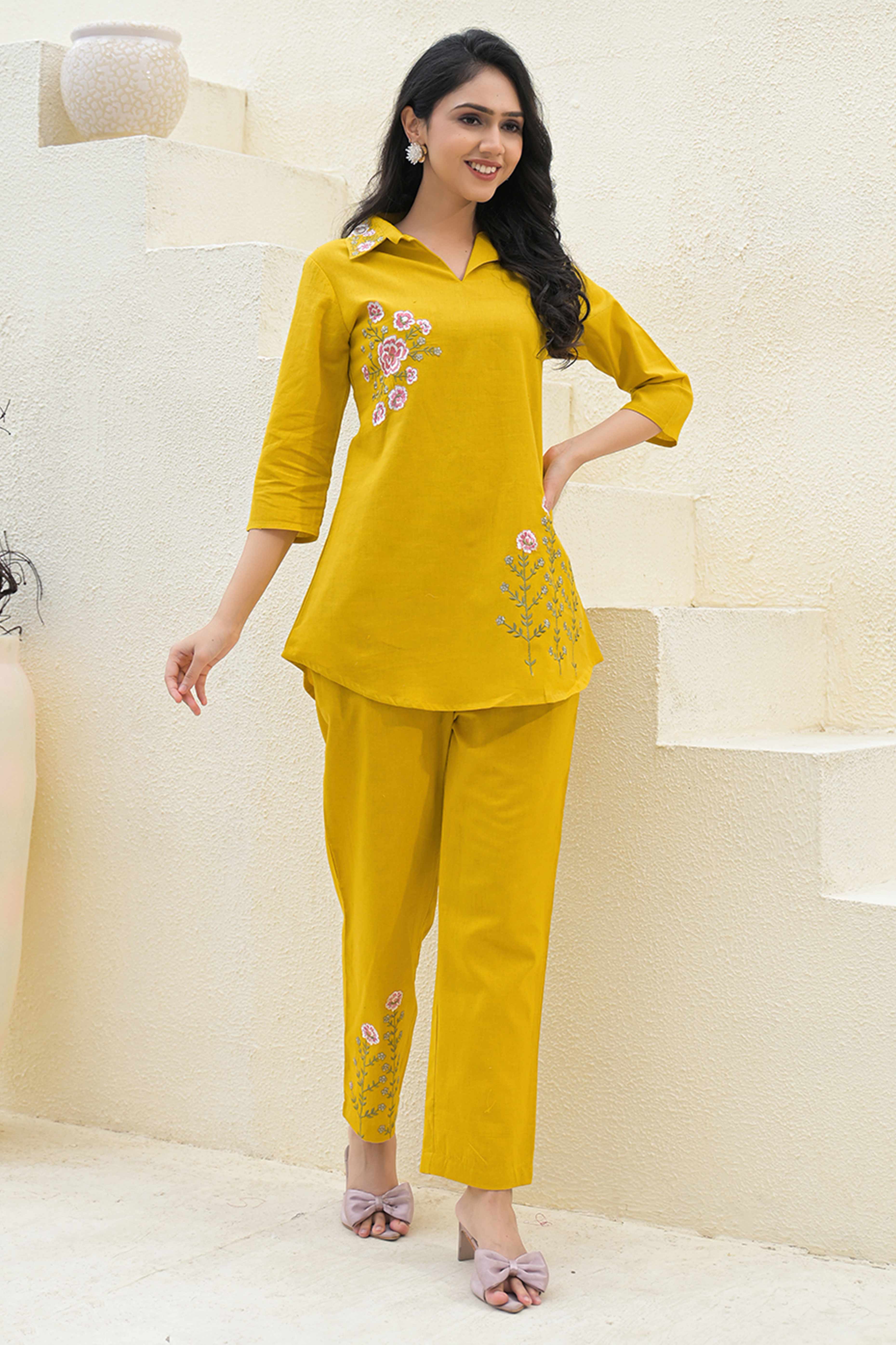 Mustard Floral Embroidered Cotton Top – Breathable & Elegant Everyday Wear