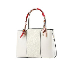 Women’s Embroidered PU Leather Handbag with Silk Scarf Handle – Elegant Shoulder Tote with Zipper Closure