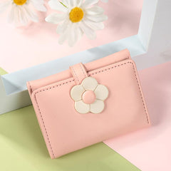 Pink Small Wallet for Women & Teens – PU Leather Trifold Card & Cash Holder with Floral Snap & ID Window