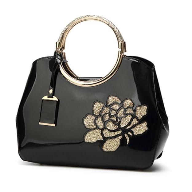 Women’s Glossy Patent Leather Handbag with Floral Design – Elegant Shoulder Bag for Parties & Special Occasions