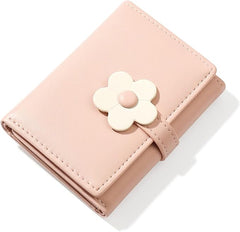 Pink Small Wallet for Women & Teens – PU Leather Trifold Card & Cash Holder with Floral Snap & ID Window