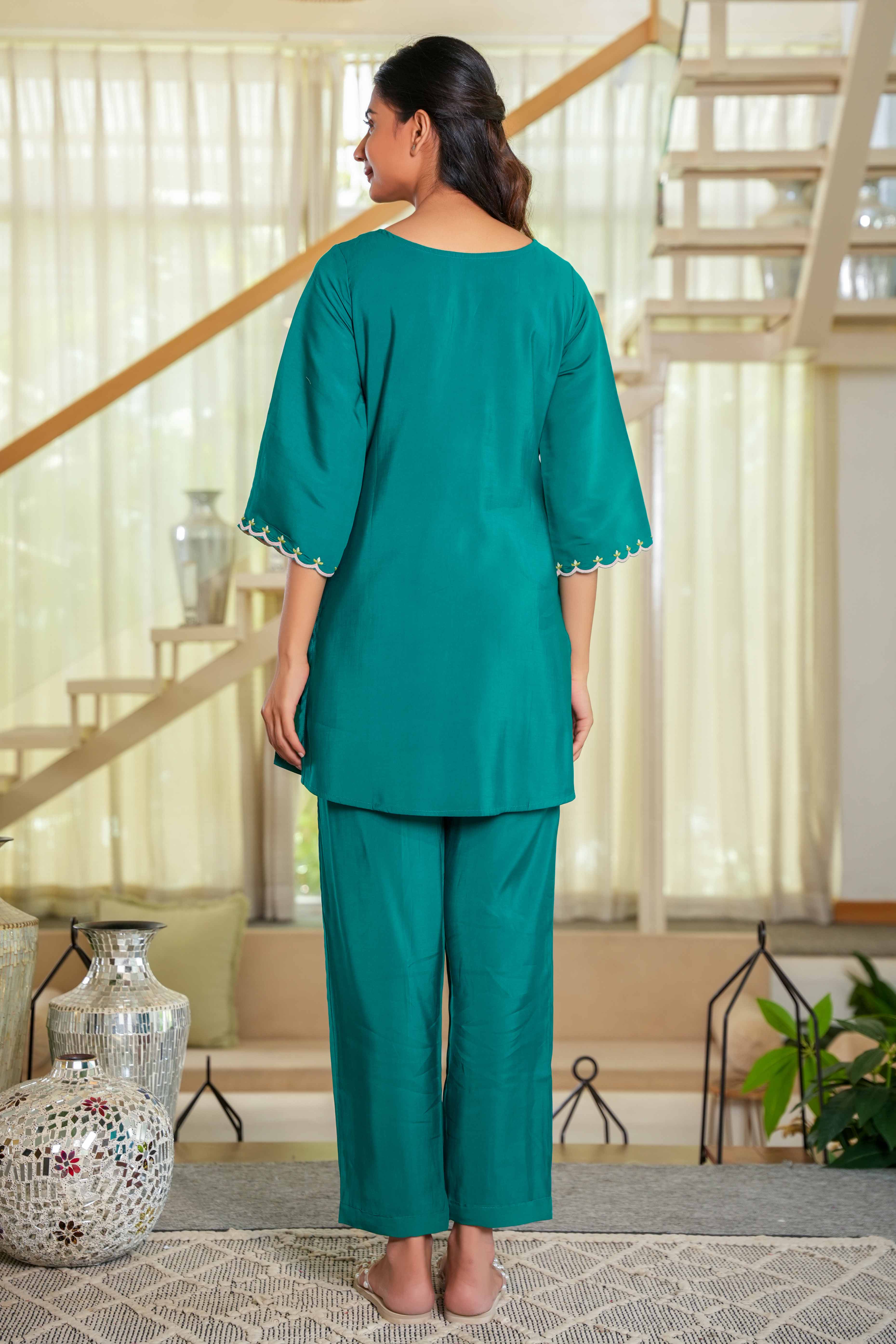 Elegant Dark Sea Green Floral Embroidered Co-Ord Set in Chinon Fabric