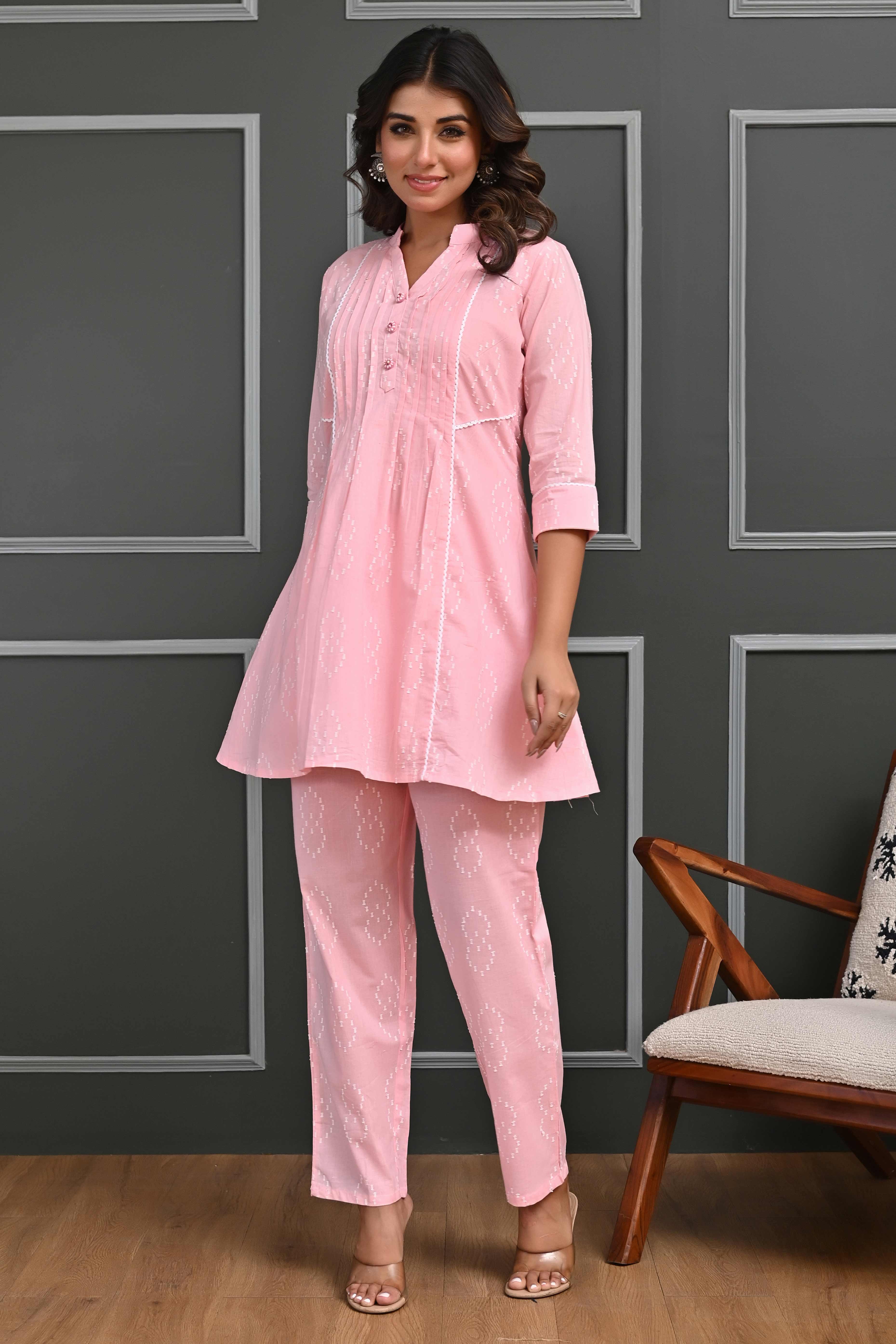 Light Pink Embroidered Cotton Co-Ord Set with Sequin Accents – Elegant & Comfortable