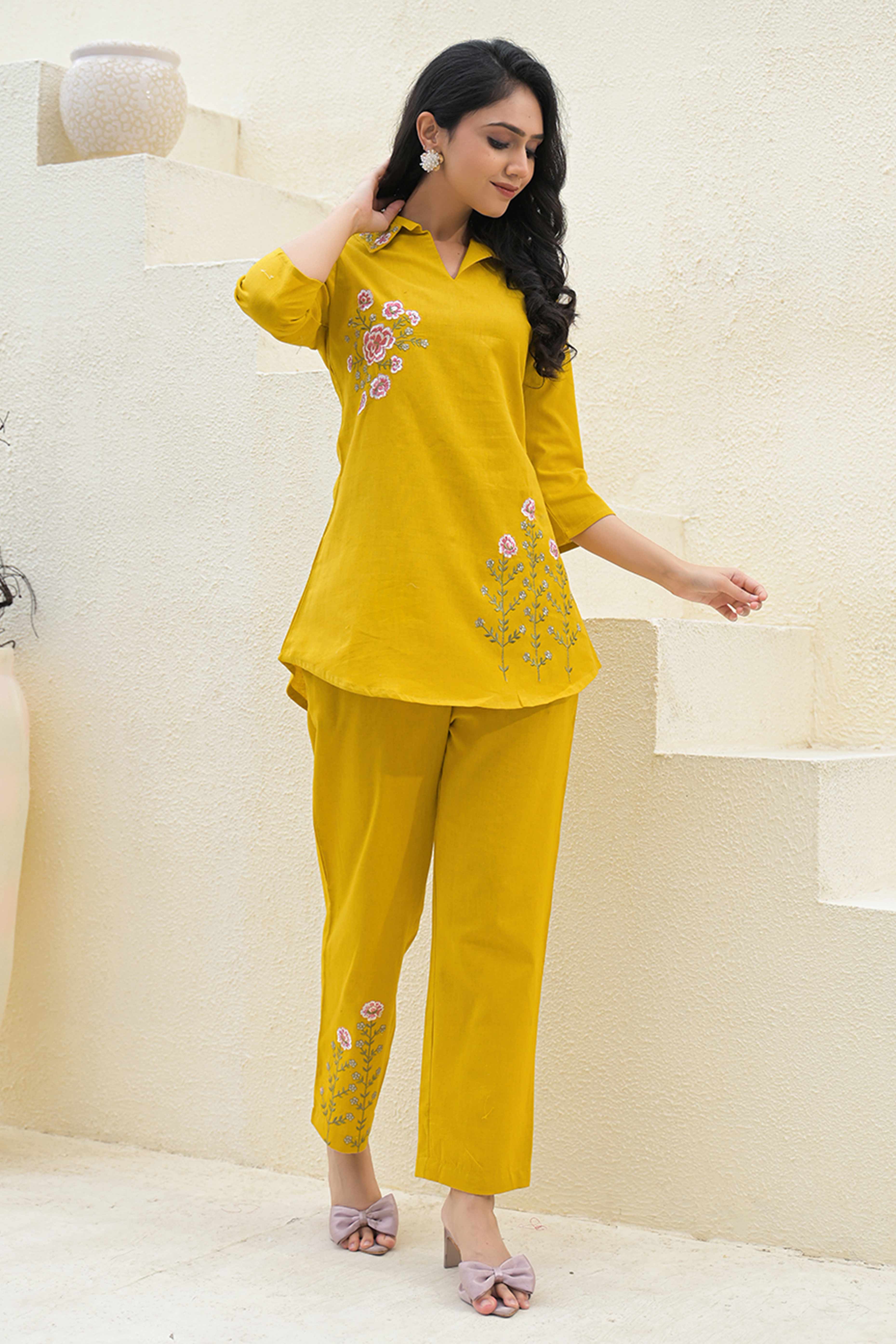 Mustard Floral Embroidered Cotton Top – Breathable & Elegant Everyday Wear
