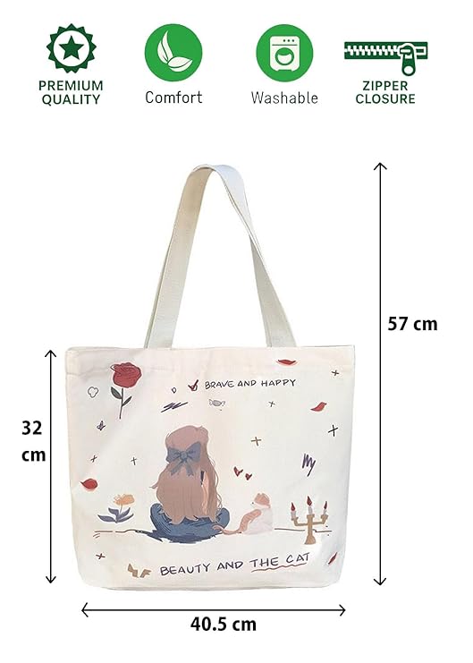 Women’s Reusable Canvas Tote Bag with Pocket – Large Shopping, Grocery & Travel Shoulder Handbag