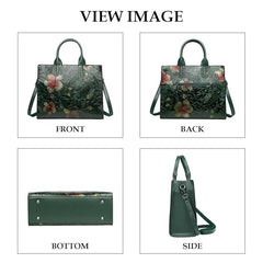 Women’s Vintage-Inspired Green Embossed Floral Square Handbag – PU Leather Zipper Bag with Chain Accent for Daily Elegance