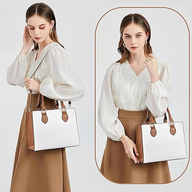 Women’s Faux Leather Satchel Handbag – Large Capacity Crossbody & Shoulder Bag (White & Brown)