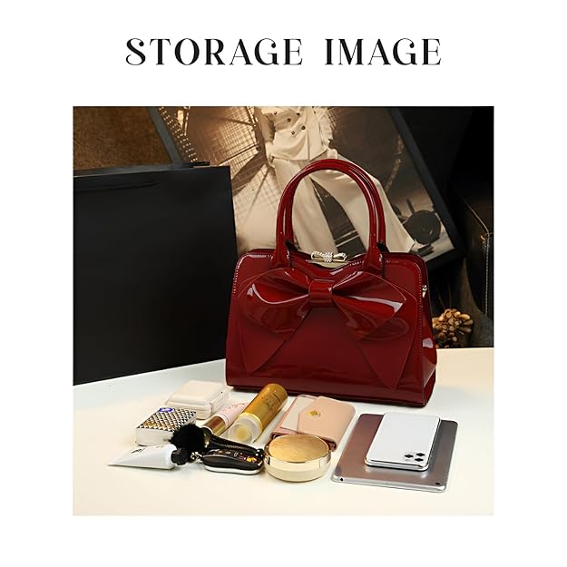Women’s Glossy Bow Shell Handbag – PU Leather Tote with Double Handles & Adjustable Strap