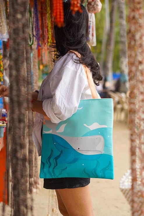 Ocean Theme Cotton Tote Bag for Women | Eco-Friendly Reusable Shopping & Beach Bag | Underwater Turtle Print Tote | Sustainable Gift for Ocean Lovers (16x15 inch)