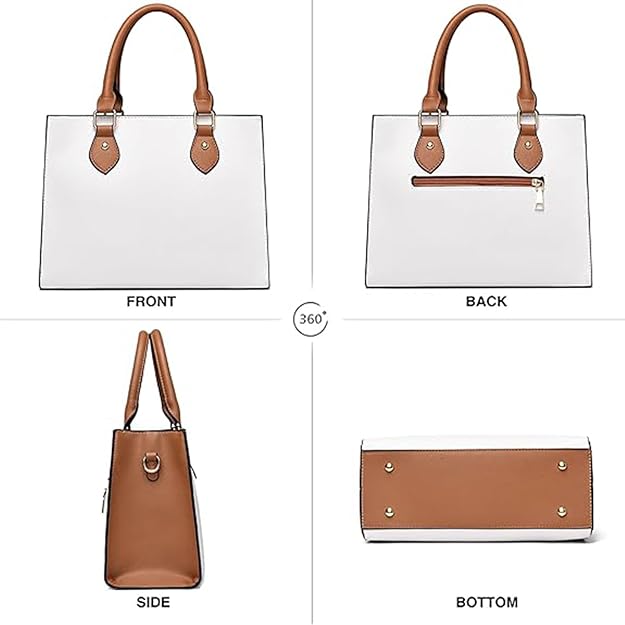 Women’s Faux Leather Satchel Handbag – Large Capacity Crossbody & Shoulder Bag (White & Brown)