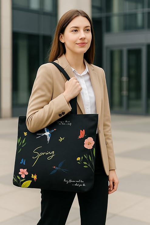 Stylish Canvas Tote Bag for Women – Zipper Shoulder Handbag for College, Office, Shopping & Travel