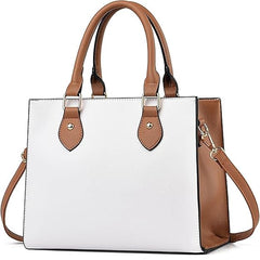 Women’s Faux Leather Satchel Handbag – Large Capacity Crossbody & Shoulder Bag (White & Brown)