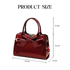 Women’s Glossy Bow Shell Handbag – PU Leather Tote with Double Handles & Adjustable Strap