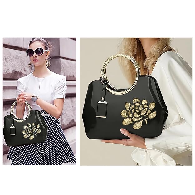 Women’s Glossy Patent Leather Handbag with Floral Design – Elegant Shoulder Bag for Parties & Special Occasions