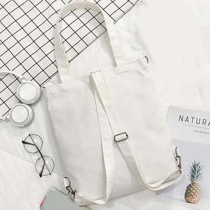 3-in-1 Canvas Tote Bag for Women & Girls | Convertible Shoulder Handbag & Backpack with Adjustable Strap | Multi-Functional Ladies Canvas Bag (White)