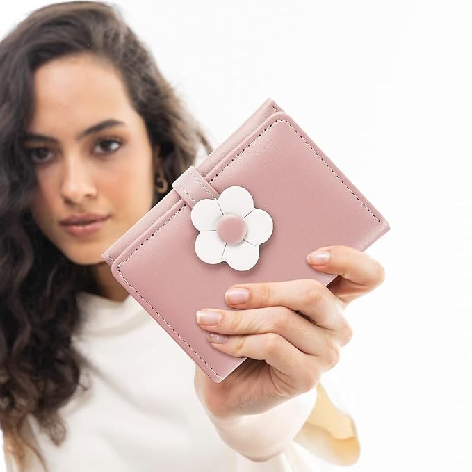 Pink Small Wallet for Women & Teens – PU Leather Trifold Card & Cash Holder with Floral Snap & ID Window