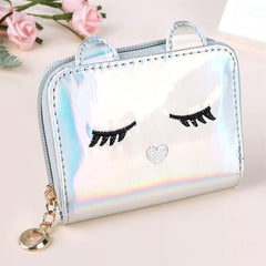 Holographic Mini Wallet for Women & Girls | Kawaii Short PU Leather Clutch Purse with Card Slots (Silver)