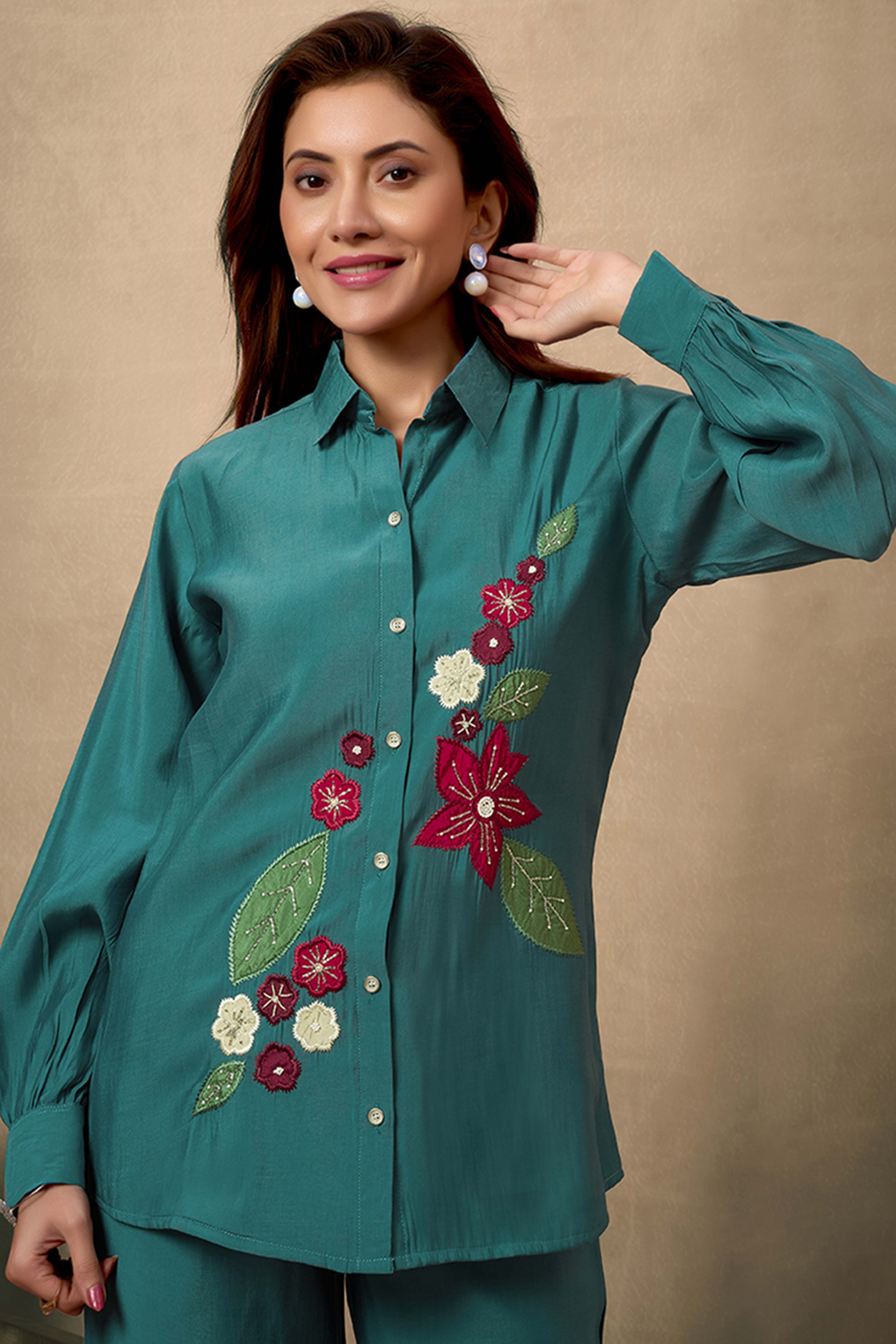 Dark Teal Chanderi Silk Co-Ord Set with Floral Patchwork & Stone Embellishments – Elegant Occasion Wear
