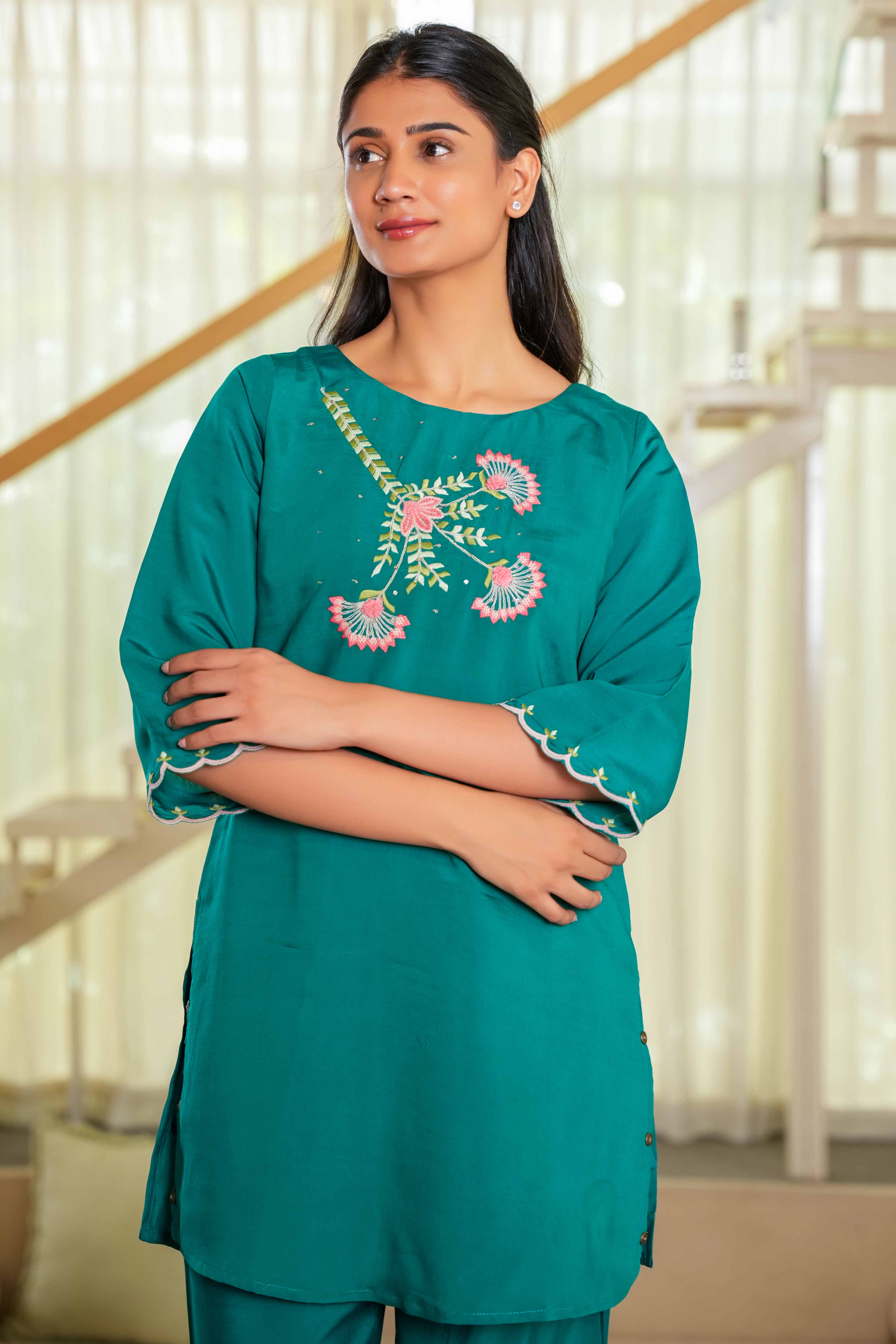 Elegant Dark Sea Green Floral Embroidered Co-Ord Set in Chinon Fabric