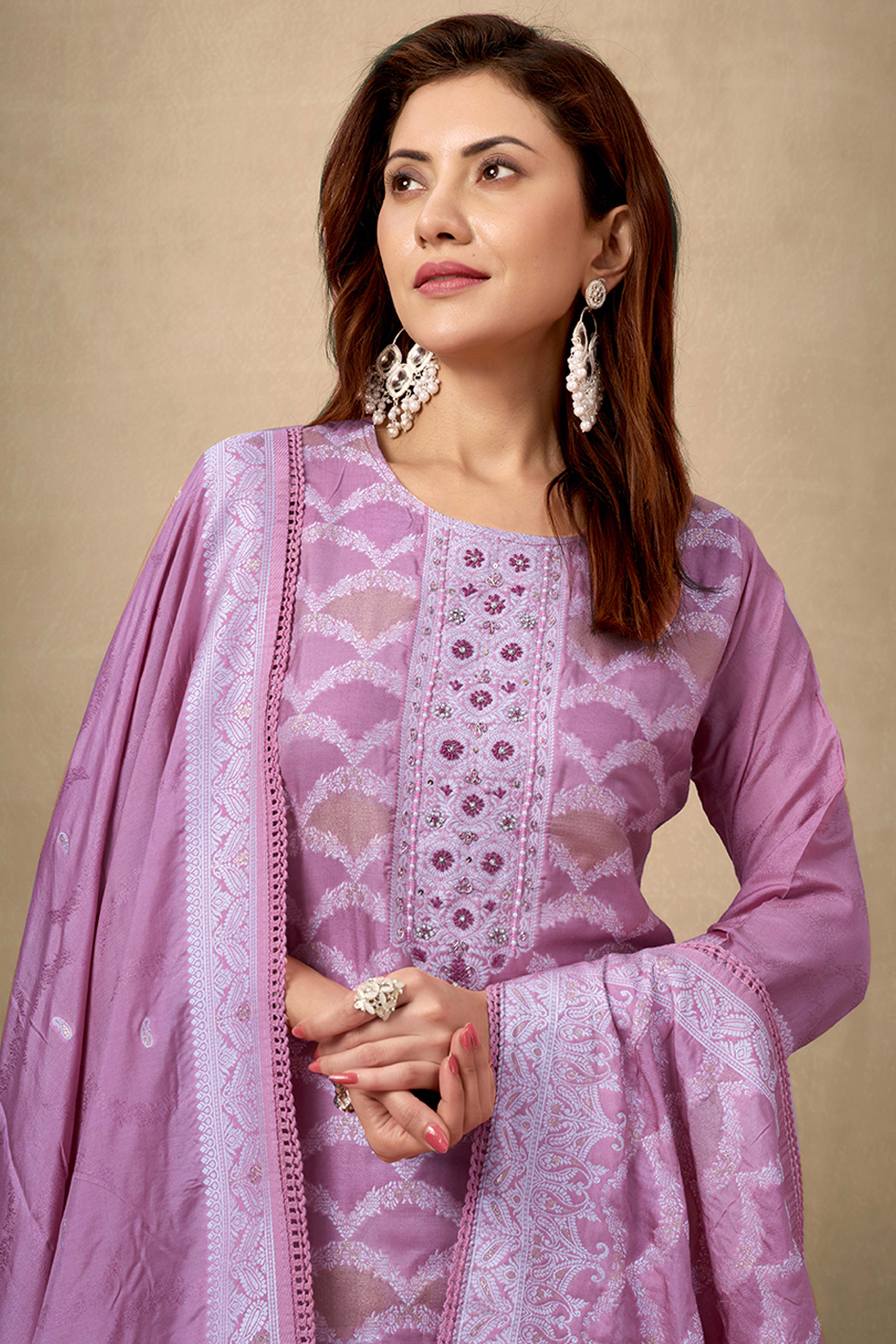 Light Purple Silk Jacquard Straight Salwar Suit with Embroidery Work