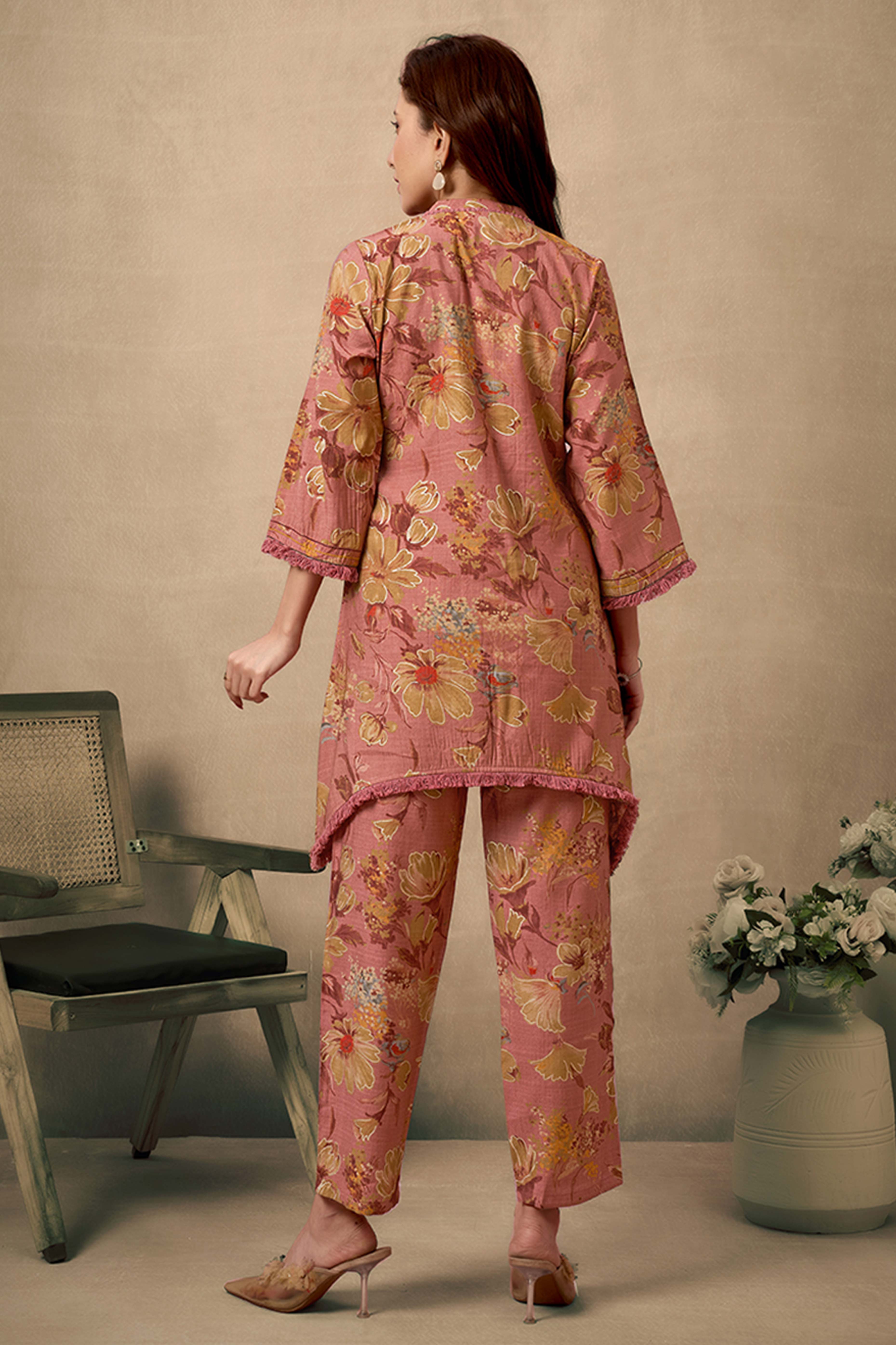 Dark Mauve Cotton Co-Ord Set with Mirror Work & Floral Prints – Elegant & Comfortable