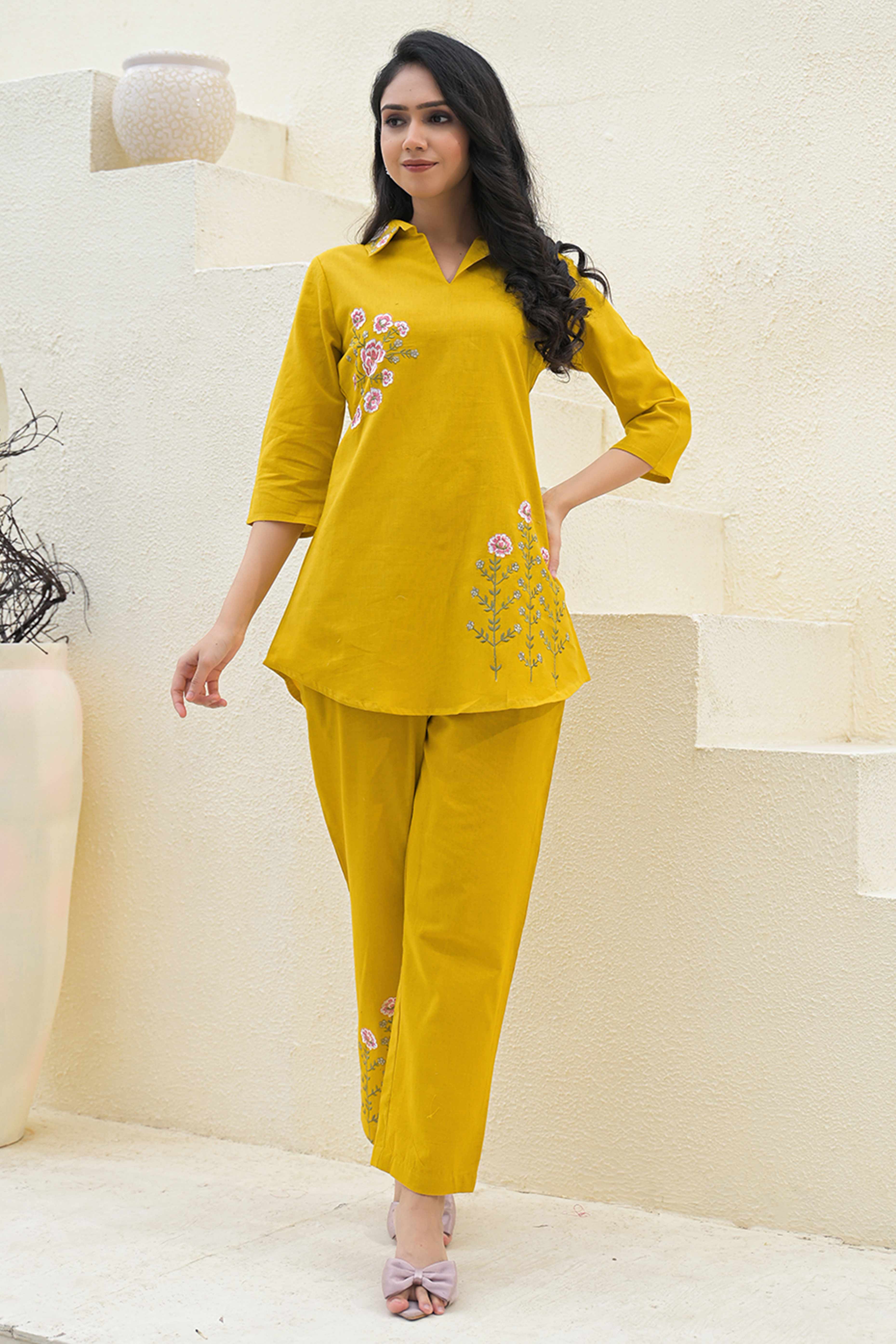 Mustard Floral Embroidered Cotton Top – Breathable & Elegant Everyday Wear